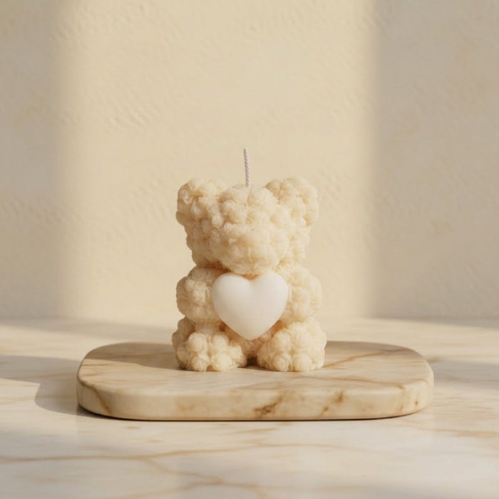 Bomboniera orsetto di rose avorio con cuore e confetti, Piki Candles