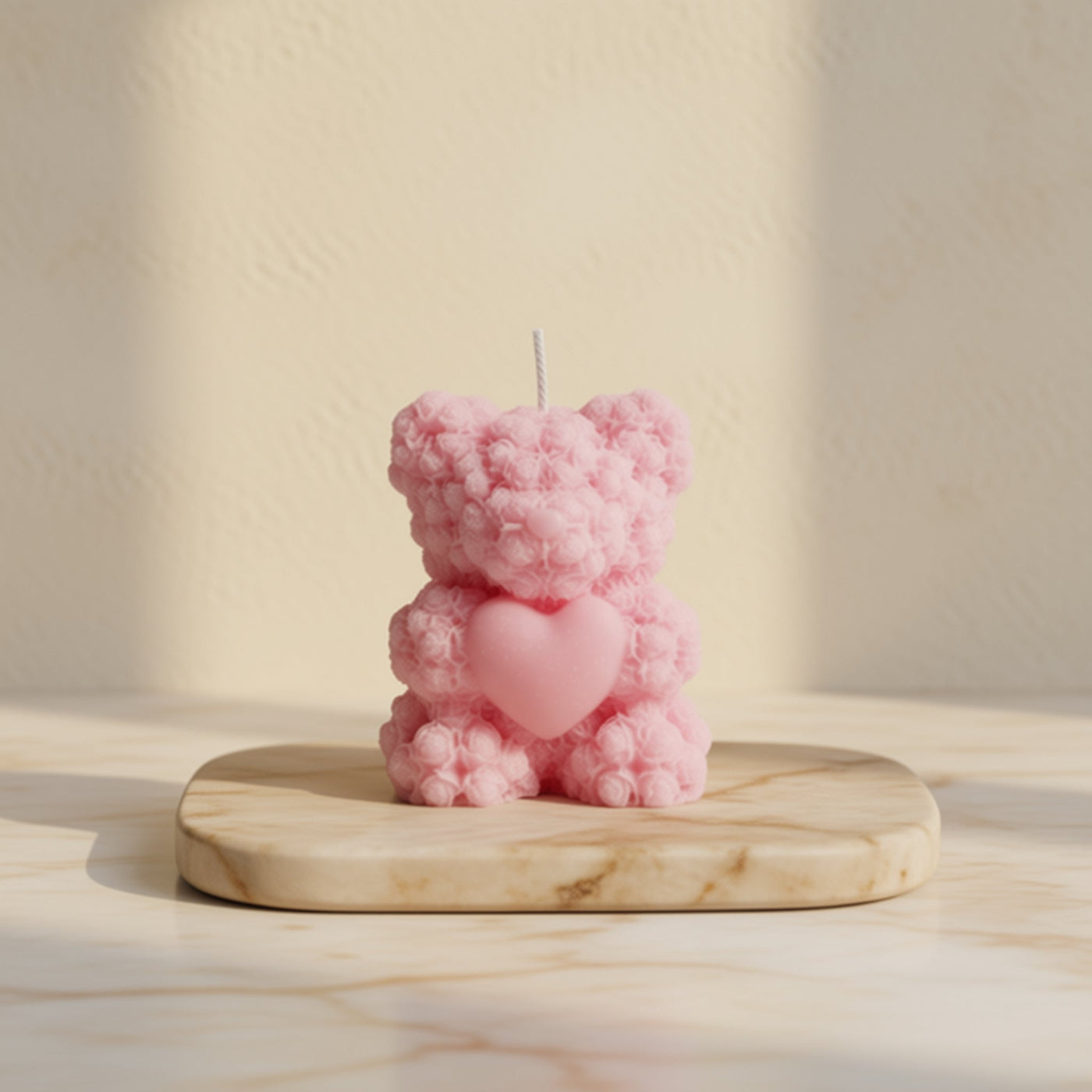 Candela orsetto di rose rosa con cuore, bomboniera battesimo artigianale Piki Candles