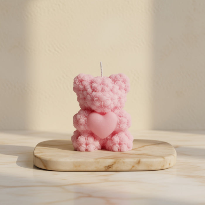 Candela orsetto di rose rosa con cuore, bomboniera battesimo artigianale Piki Candles