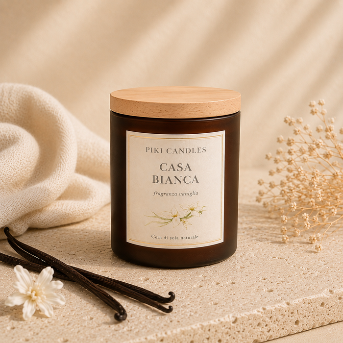 Candela profumata in cera di soia Casa Bianca alla vaniglia, Piki Candles