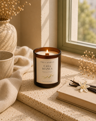 Candela vaniglia Casa Bianca Piki Candles accesa su un davanzale luminoso con tazza, libro e baccelli di vaniglia