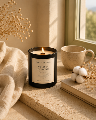 Candela Velo di Cotone al talco Piki Candles accesa su davanzale con tazza in ceramica e fiore di cotone