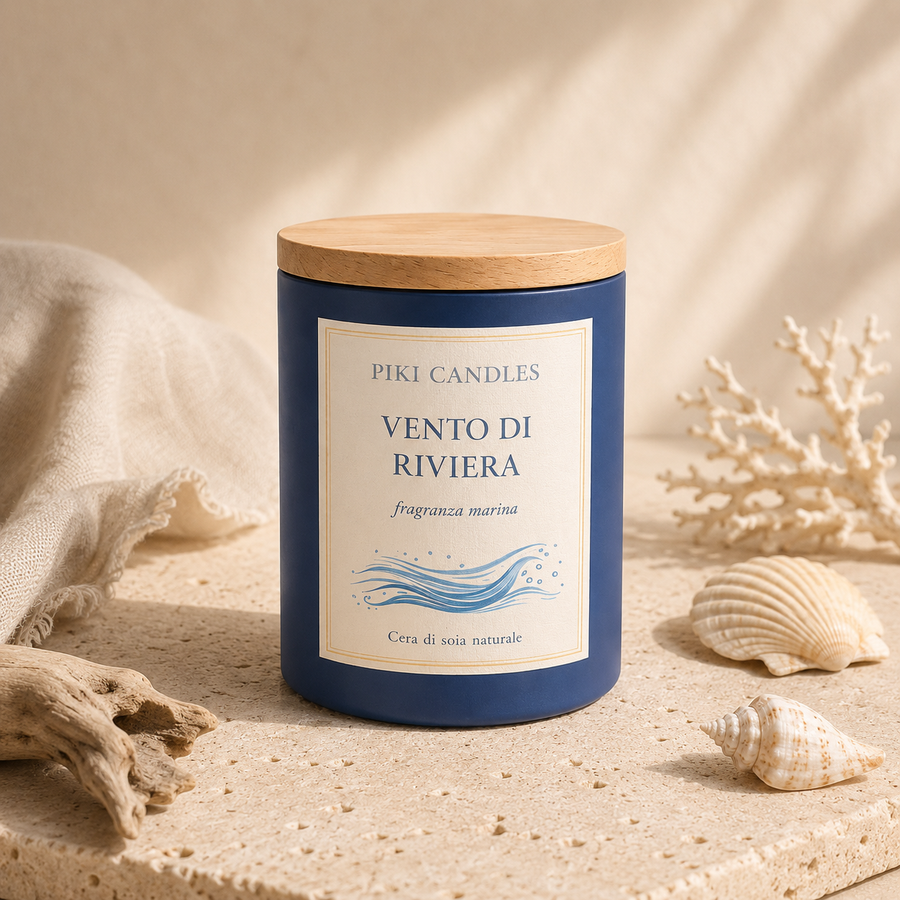 Candela profumata Vento di Riviera fragranza marina Piki Candles, barattolo blu con coperchio in legno, conchiglie e corallo