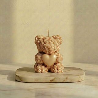 Candela orsetto di rose oro champagne con cuore — bomboniera matrimonio e anniversario artigianale Piki Candles