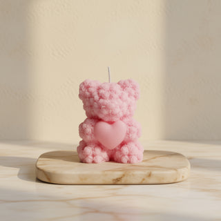 Candela orsetto di rose rosa delicato con cuore — bomboniera nascita e battesimo bimba, artigianale Piki Candles