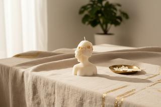 Candela Dea Bendata lifestyle su lino beige