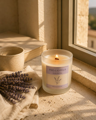 Candela alla lavanda Piki Candles accesa su un davanzale con mazzo di lavanda essiccata